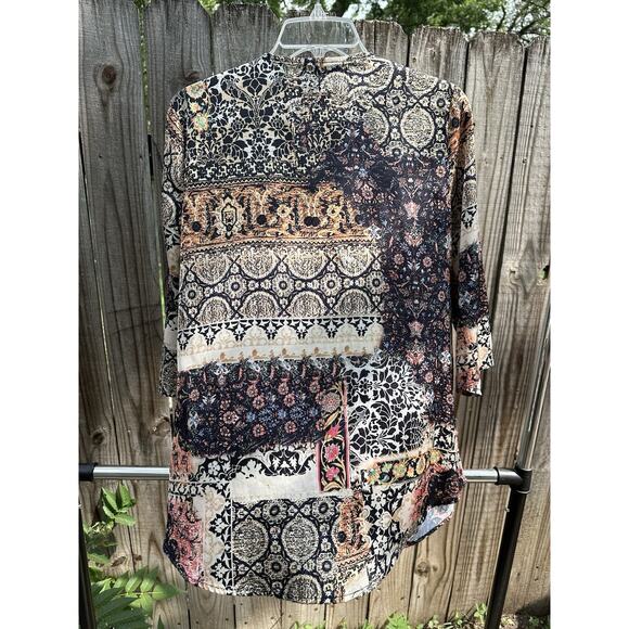 Urban Mango Boho Tunic Top Women’s Medium Patchwork Print Zip Front - Picture 2 of 5